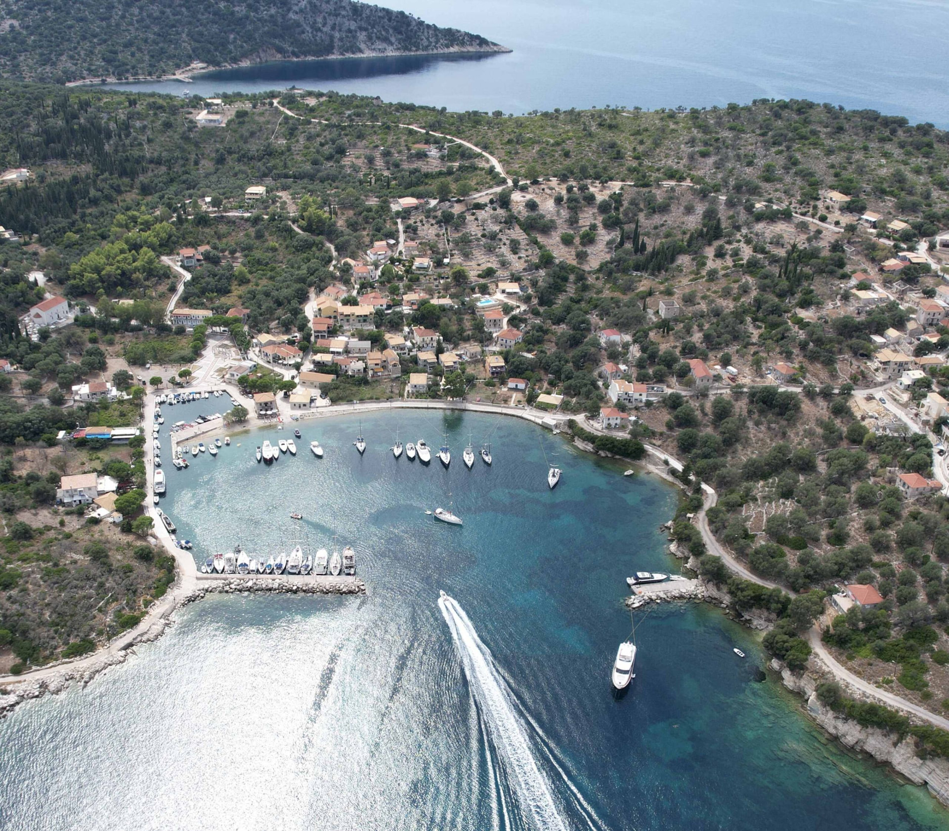 Aerial view of boats moored in the sheltered harbour of Kastos