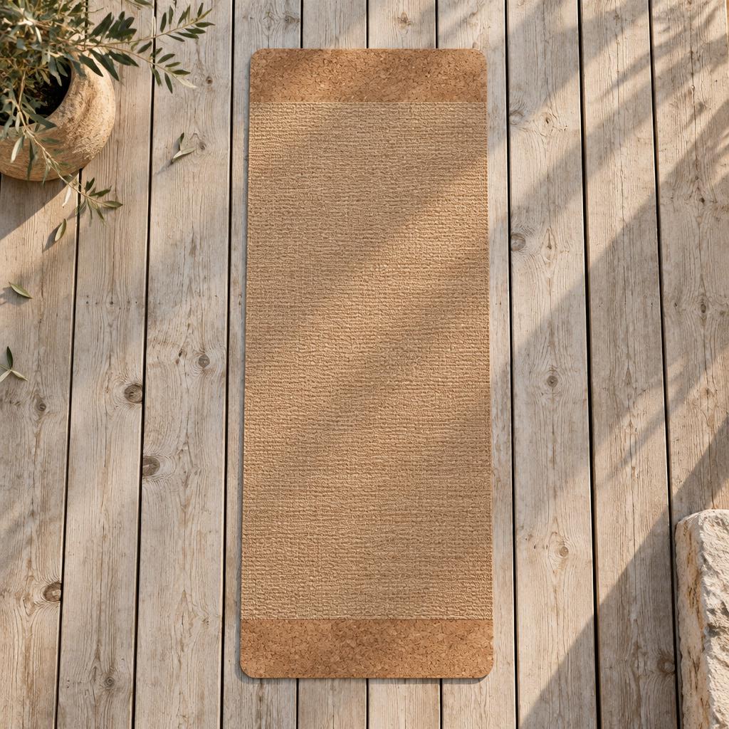 Yoga mat laid flat on a weathered wooden platform, seen from above
