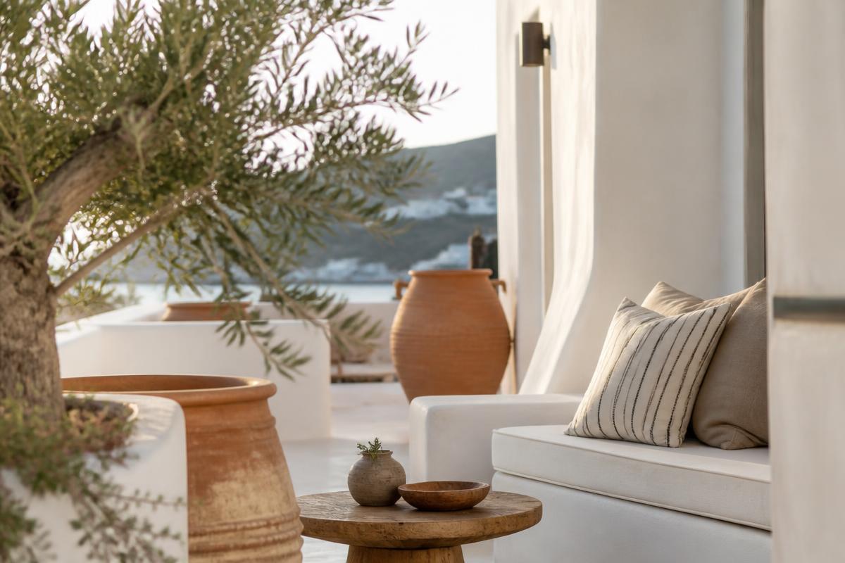 Mediterranean villa terrace detail with olive branches and terracotta